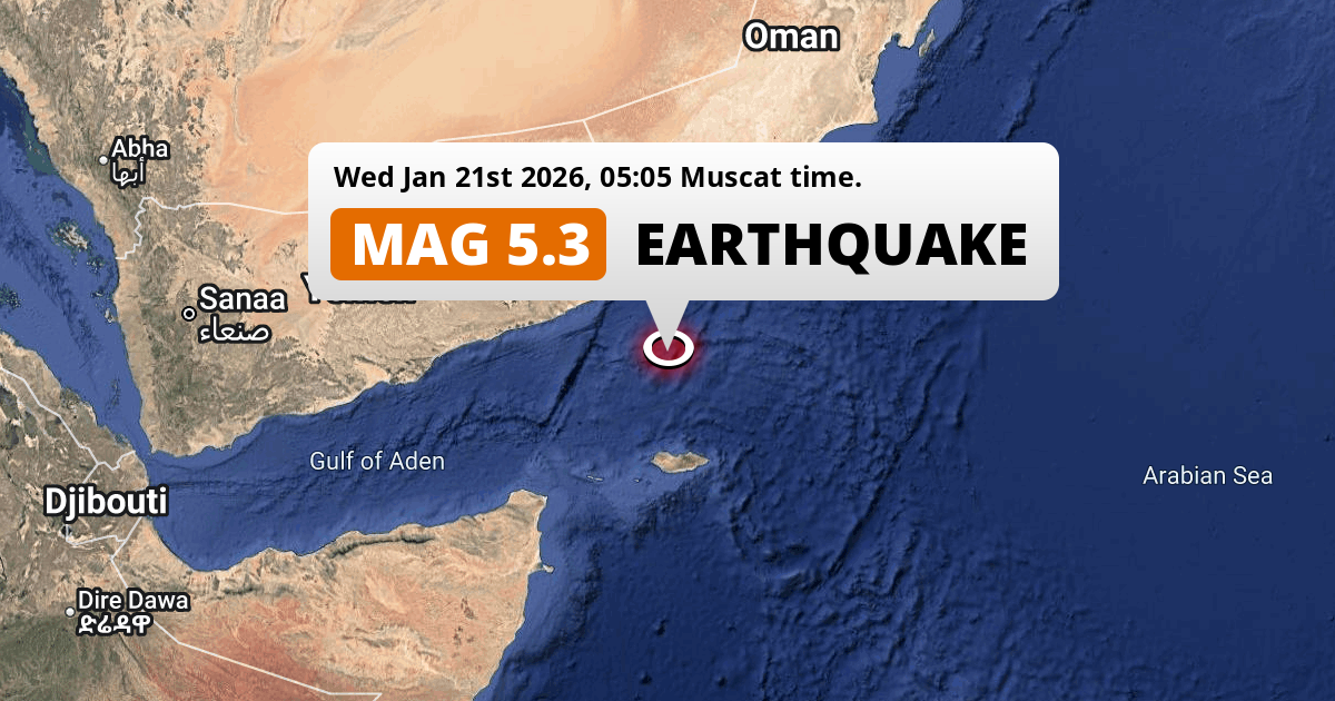 Shallow M5.3 Earthquake hit in the Arabian Sea 292km from Şalālah (Oman ...