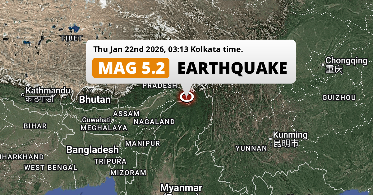 Shallow M5.2 Earthquake hit 156km from Tinsukia in India on Thursday Night.