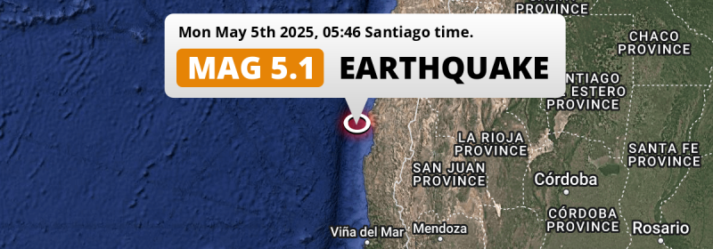 On Monday Night a Shallow M5.3 Earthquake struck in the South Pacific Ocean near Coquimbo (Chile).