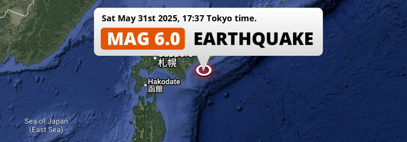 Shallow M6.0 Earthquake hit in the North Pacific Ocean near Kushiro (Japan) on Saturday Afternoon.