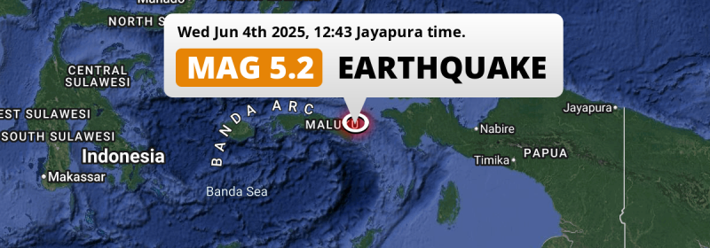Shallow M5.2 Earthquake hit in the Seram Sea 281km from Sorong (Indonesia) on Wednesday Afternoon.