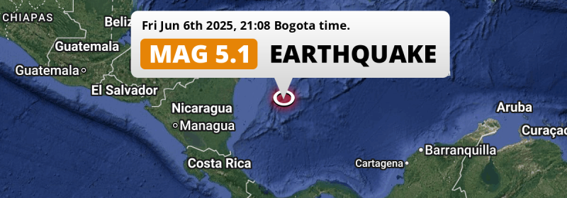 Shallow M5.1 Earthquake struck on Friday Evening in the Caribbean Sea near San Andrés (Colombia).