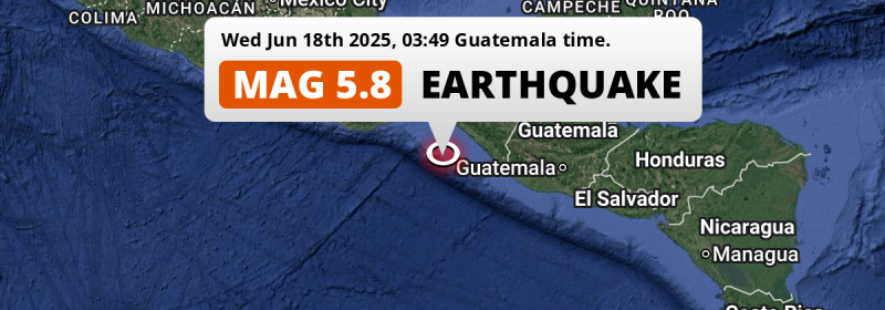 Shallow M5.8 Earthquake struck on Wednesday Night in the North Pacific Ocean 197km from Tapachula (Mexico).