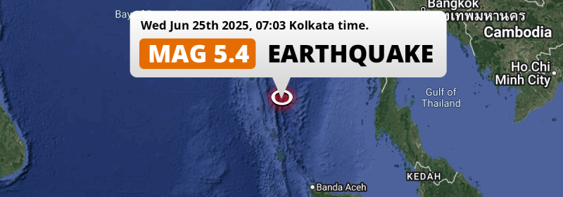 Shallow M5.4 Earthquake hit in the Andaman Or Burma Sea 278km from Port Blair (India) on Wednesday Morning.