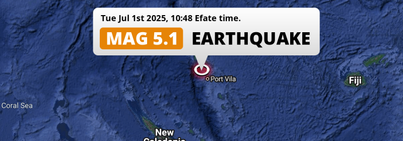 Significant M5.1 Earthquake struck on Tuesday Morning in the Coral Sea near Port-Vila (Vanuatu).