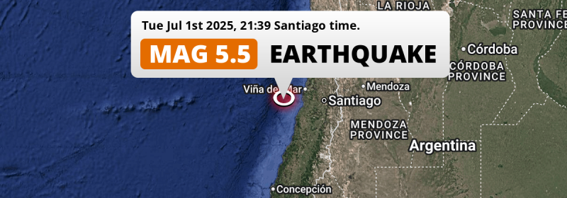 On Tuesday Evening a Shallow M5.5 Earthquake struck in the South Pacific Ocean near Valparaíso (Chile).