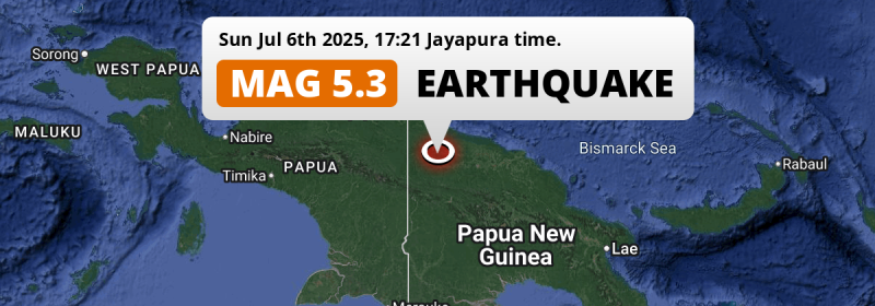 Significant M5.3 Earthquake struck on Sunday Evening 199km from Wewak in Papua New Guinea.