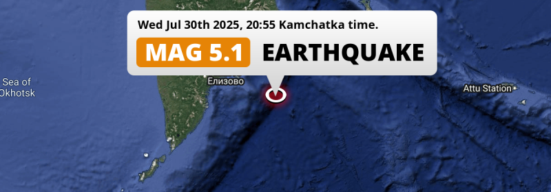 Shallow M5.1 AFTERSHOCK struck on Wednesday Evening in the North Pacific Ocean 221km from Petropavlovsk-Kamchatsky (Russia).