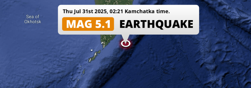 Shallow M5.1 AFTERSHOCK struck on Thursday Night in the North Pacific Ocean 215km from Petropavlovsk-Kamchatsky (Russia).