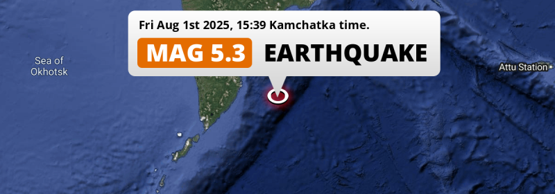 Shallow M5.3 AFTERSHOCK struck on Friday Afternoon in the North Pacific Ocean 159km from Petropavlovsk-Kamchatsky (Russia).