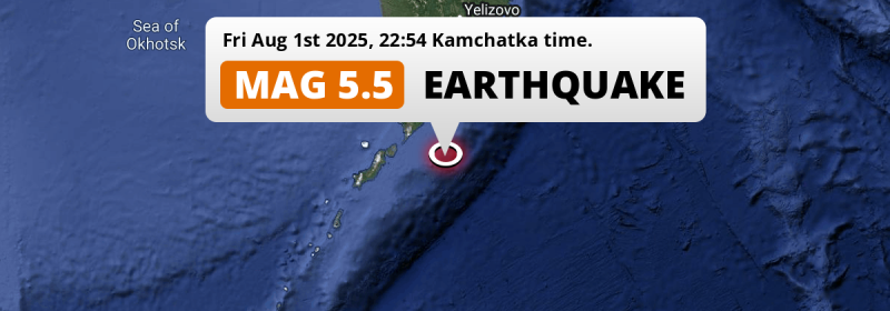 Shallow M5.5 Earthquake struck on Friday Evening in the North Pacific Ocean 290km from Petropavlovsk-Kamchatsky (Russia).