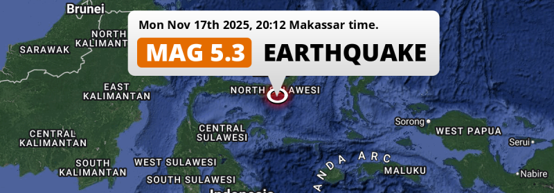 On Monday Evening a Significant M5.3 Earthquake struck in the Maluku Sea 178km from Manado (Indonesia).