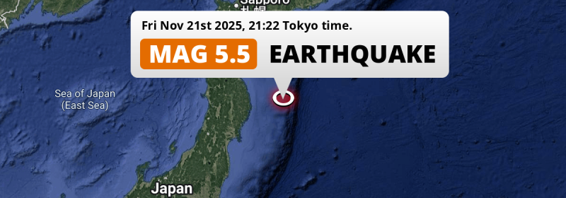 On Friday Evening a Shallow M5.5 Earthquake struck in the North Pacific Ocean 199km from Hachinohe (Japan).