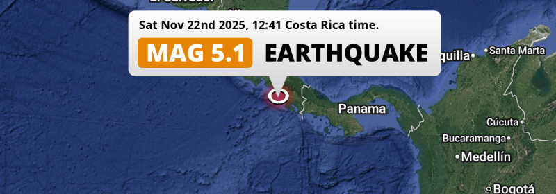 Shallow M5.1 Earthquake struck on Saturday Afternoon in the North Pacific Ocean near San Isidro (Costa Rica).