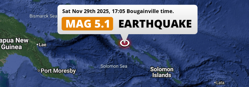 Significant M5.1 Earthquake struck on Saturday Afternoon in the Solomon Sea 104km from Arawa (Papua New Guinea).