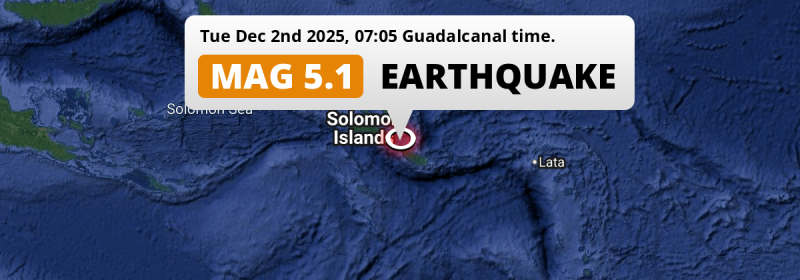 On Tuesday Morning a Significant M5.1 Earthquake struck 180km from Honiara in Solomon Islands.