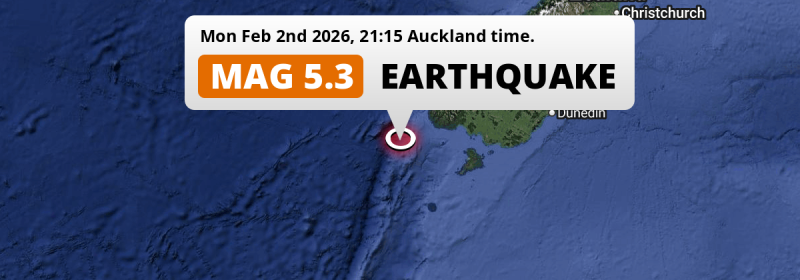 Shallow M5.3 Earthquake struck on Monday Evening in the Tasman Sea 220km from Invercargill (New Zealand).