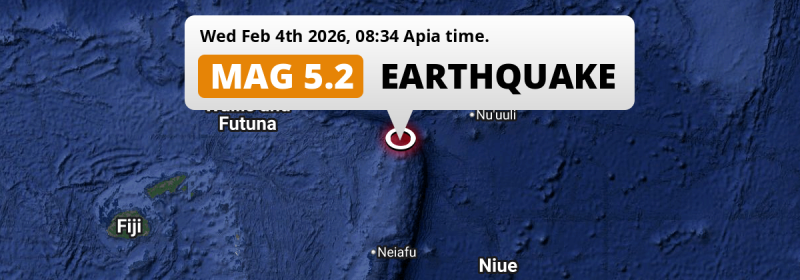 Shallow M5.2 Earthquake struck on Wednesday Morning in the South Pacific Ocean 220km from Apia (Samoa).