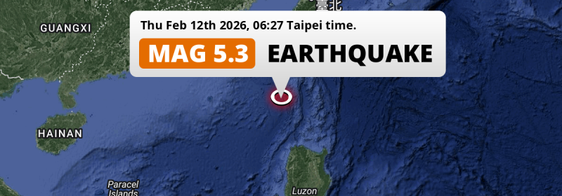 Shallow M5.3 Earthquake hit in the South China Sea 238km from Kaohsiung (Taiwan) on Thursday Morning.