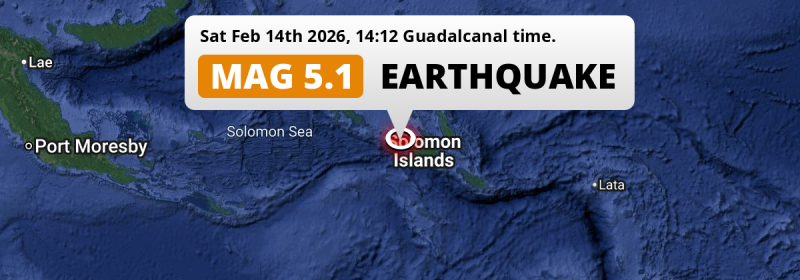 On Saturday Afternoon a Shallow M5.1 Earthquake struck in the Solomon Sea near Honiara (Solomon Islands).