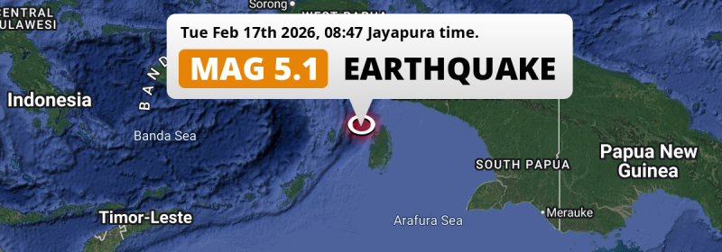 On Tuesday Morning a Shallow M5.1 Earthquake struck in the Aru Sea 116km from Tual (Indonesia).
