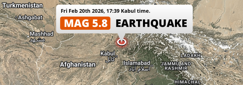 Significant M5.8 Earthquake hit near Bāzārak in Afghanistan on Friday Afternoon.