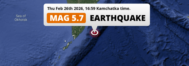 Shallow M5.7 Earthquake struck on Thursday Afternoon in the North Pacific Ocean 197km from Petropavlovsk-Kamchatsky (Russia).