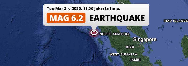 On Tuesday Morning a Shallow M6.2 Earthquake struck in the Indian Ocean 280km from Medan (Indonesia).