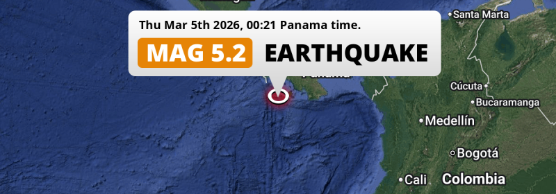 Shallow M5.2 Earthquake struck on Thursday Night in the North Pacific Ocean 145km from David (Panama).