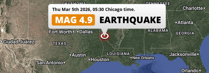Unusually powerful M4.9 Earthquake hit near Shreveport in The United States on Thursday Night.
