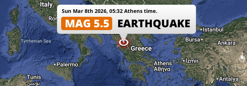On Sunday Night a Shallow M5.5 Earthquake struck near Ioánnina in Greece.
