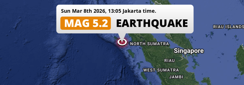 Shallow M5.2 Earthquake struck on Sunday Afternoon in the Indian Ocean 290km from Medan (Indonesia).