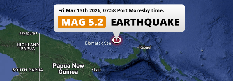 Shallow M5.2 Earthquake hit in the Bismarck Sea 218km from Kimbe (Papua New Guinea) on Friday Morning.