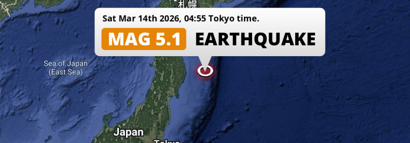 On Saturday Night a Shallow M5.0 Earthquake struck in the North Pacific Ocean 187km from Morioka (Japan).