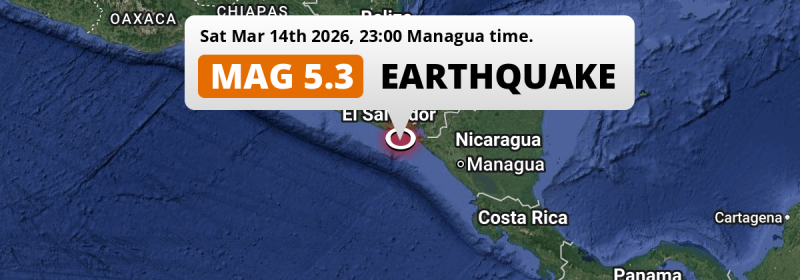 Significant M5.3 Earthquake struck on Saturday Evening in the North Pacific Ocean near San Miguel (El Salvador).