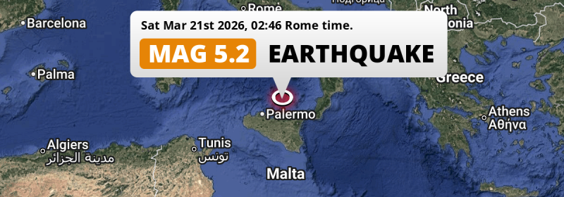 On Saturday Night a Shallow M5.2 Earthquake struck in the Tirreno Sea near Palermo (Italy).