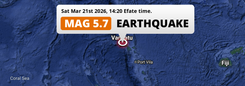 On Saturday Afternoon a Shallow M5.7 Earthquake struck in the Coral Sea 244km from Port-Vila (Vanuatu).