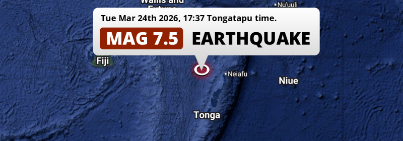 Unusually powerful M7.5 Earthquake hit in the South Pacific Ocean 277km from Nuku‘alofa (Tonga) on Tuesday Afternoon.