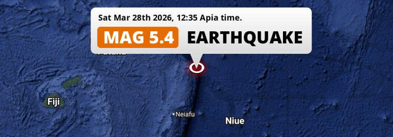 Shallow M5.4 Earthquake struck on Saturday Afternoon in the South Pacific Ocean 243km from Apia (Samoa).