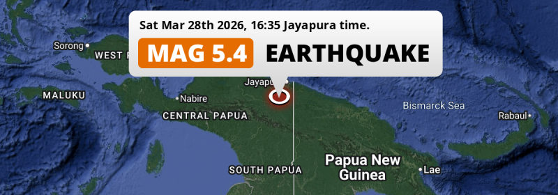 Shallow M5.4 Earthquake hit 125km from Jayapura in Indonesia on Saturday Afternoon.