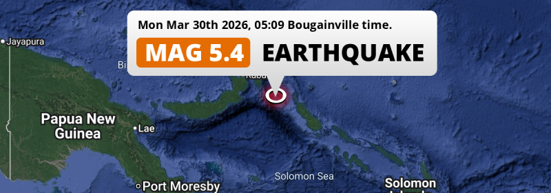 Significant M5.4 Earthquake struck on Monday Night in the Solomon Sea 222km from Arawa (Papua New Guinea).