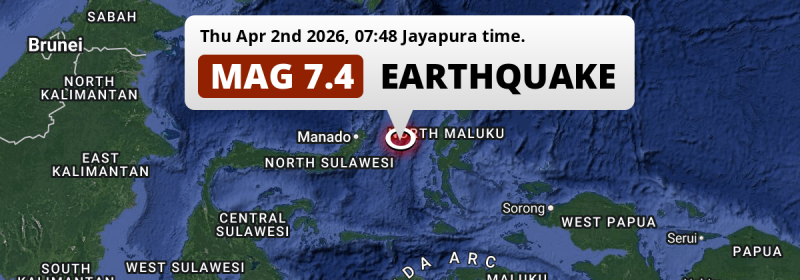 Unusually powerful M7.4 Earthquake hit in the Maluku Sea 166km from Manado (Indonesia) on Thursday Morning.