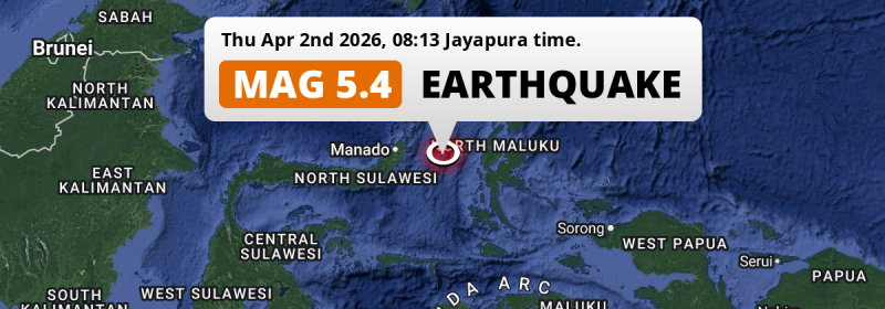 On Thursday Morning a Significant M5.4 AFTERSHOCK struck in the Maluku Sea 161km from Manado (Indonesia).