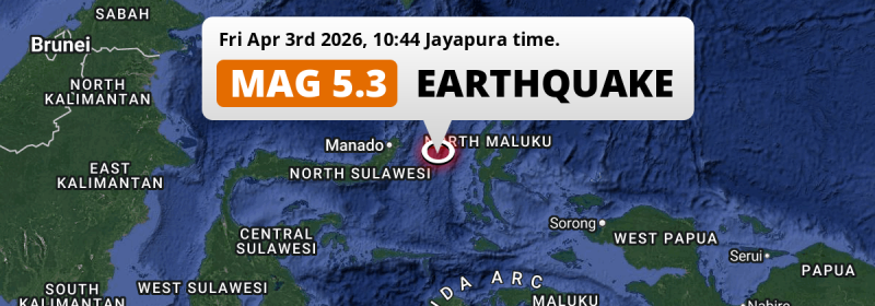 On Friday Morning a Significant M5.3 AFTERSHOCK struck in the Maluku Sea 168km from Manado (Indonesia).