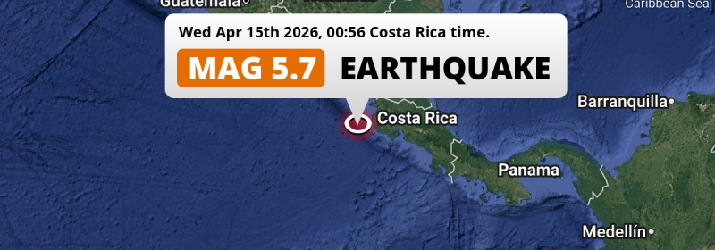 Shallow M5.7 Earthquake struck on Wednesday Night in the North Pacific Ocean 131km from Liberia (Costa Rica).