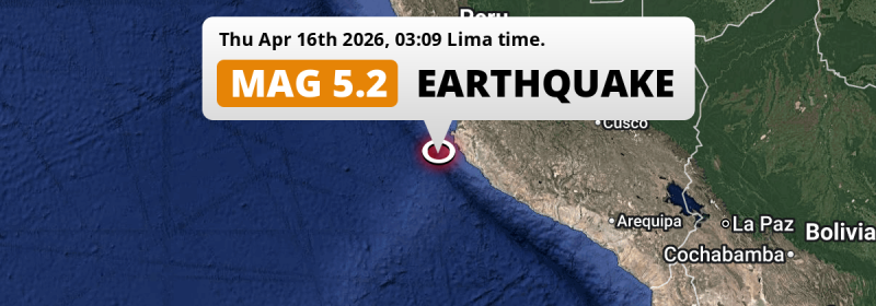 Shallow M5.2 Earthquake hit in the South Pacific Ocean 130km from Ica (Peru) on Thursday Night.
