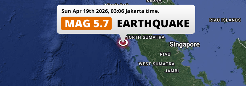 Shallow M5.7 Earthquake hit in the Indian Ocean 132km from Singkil (Indonesia) on Sunday Night.
