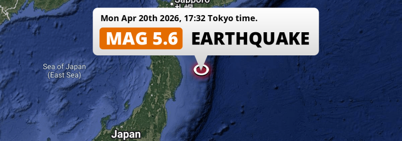 Shallow M5.6 AFTERSHOCK struck on Monday Afternoon in the North Pacific Ocean 181km from Morioka (Japan).