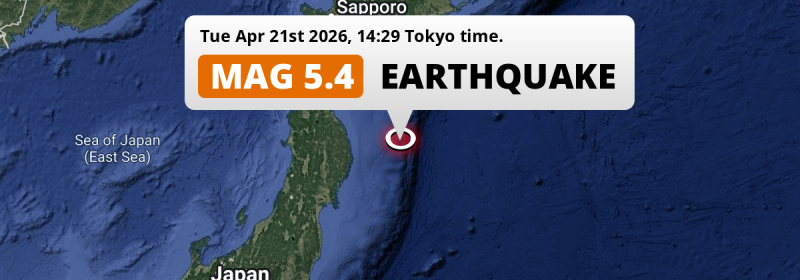 Shallow M5.4 AFTERSHOCK hit in the North Pacific Ocean 195km from Hachinohe (Japan) on Tuesday Afternoon.