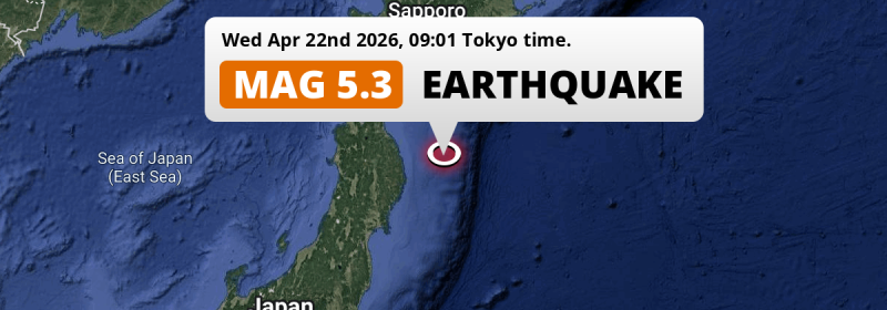 On Wednesday Morning a Significant M5.3 AFTERSHOCK struck in the North Pacific Ocean 159km from Hachinohe (Japan).